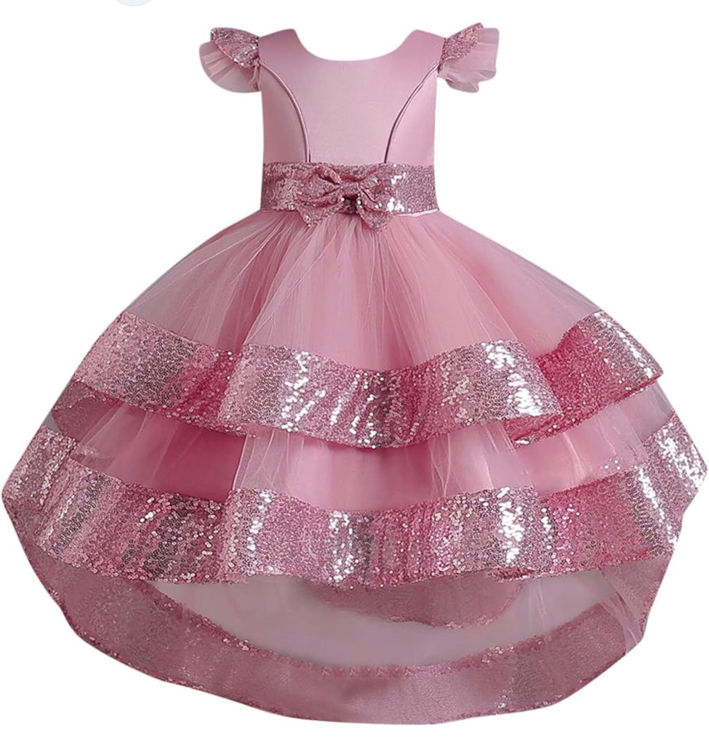 Girls sequin and tulle dress front view. Girls sequin and tulle dress side view. Girl sequin and tulle dress detail view.