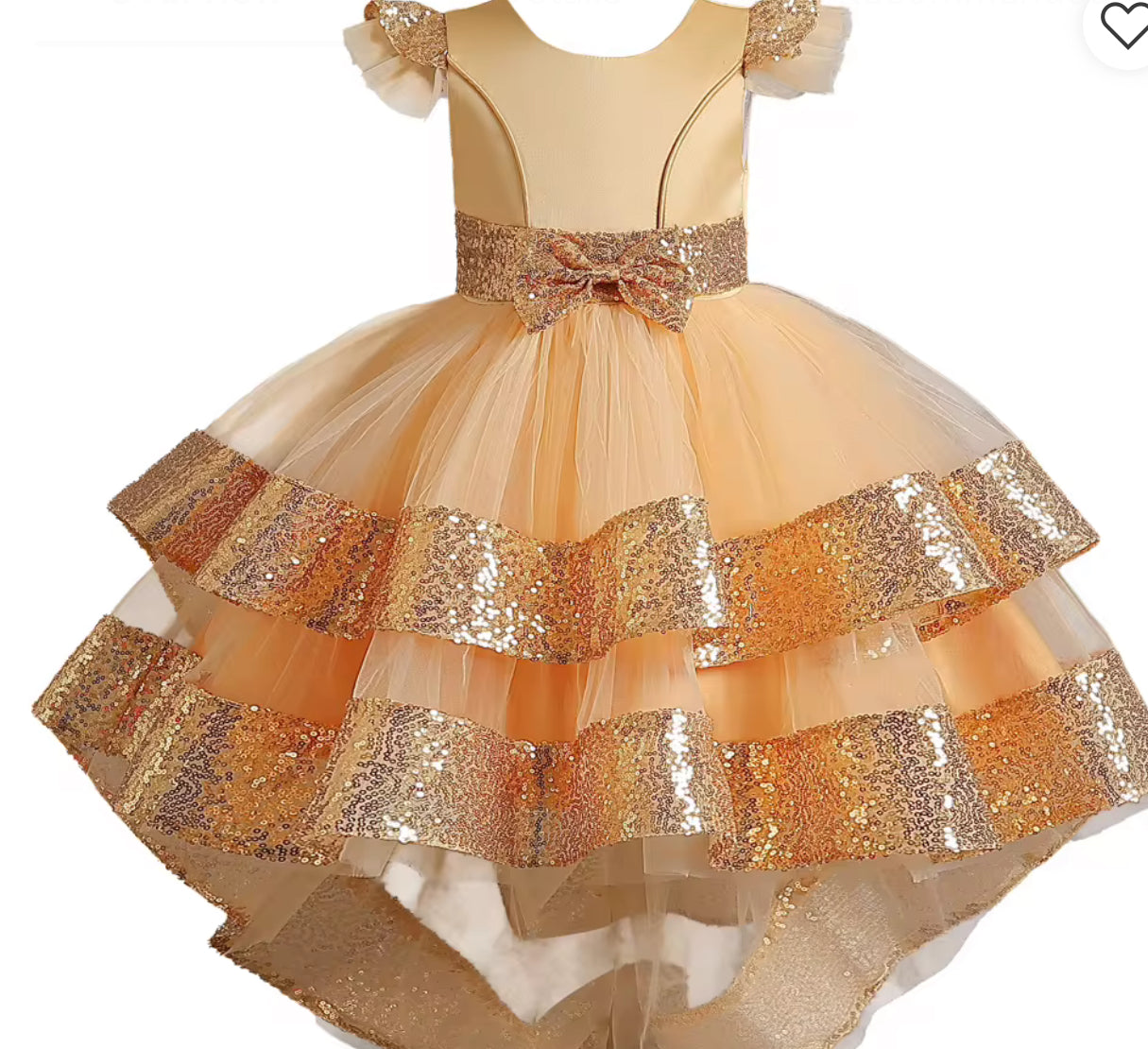 Girls sequin dress front view. Girls sequin dress side view. Girls sequin dress detail view.