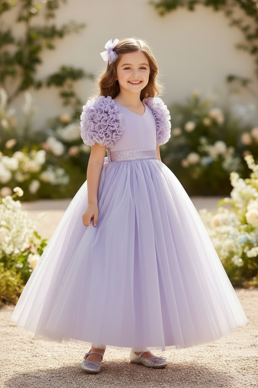 Girls Tulle Puff Sleeve Dress - Lavender