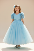 Girls Tulle Puff Sleeve Dress - Sky Blue