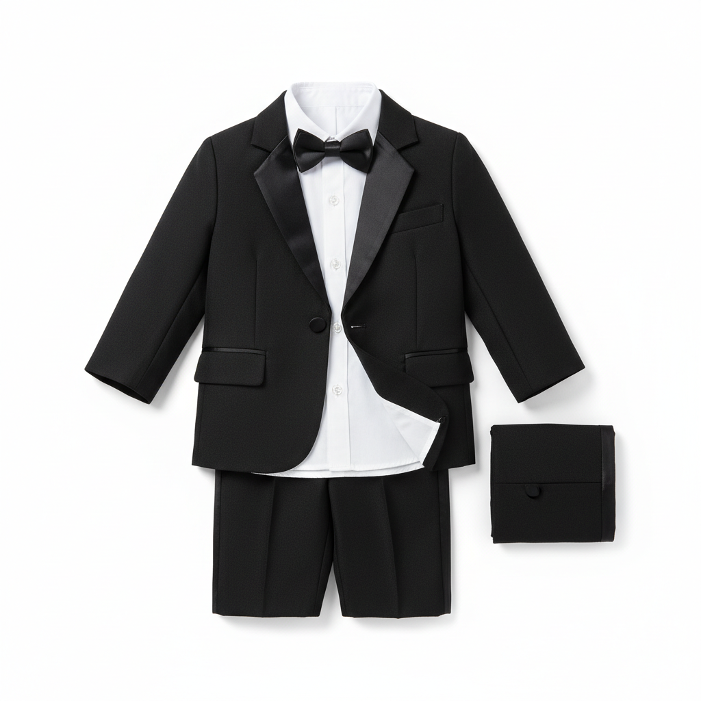 Toddler boys black tuxedo set with satin lapels, white dress shirt and bow tie on white background