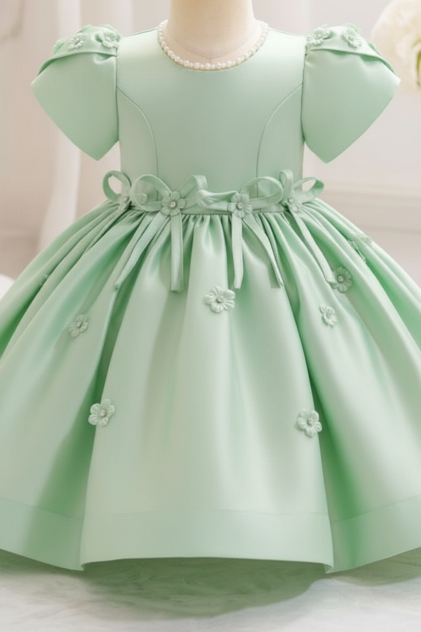 Baby and toddler satin princess dress in light green, ages 6 months to 3 years