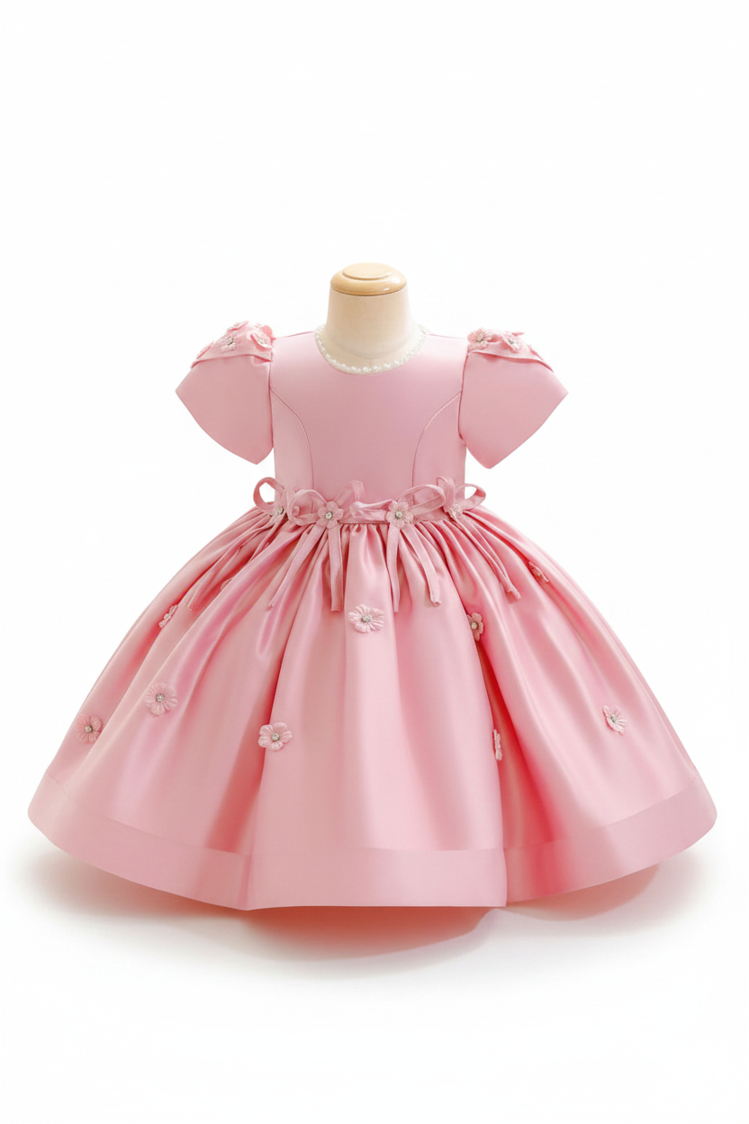 Baby and toddler satin princess dress in soft pink, ages 6 months to 3 years