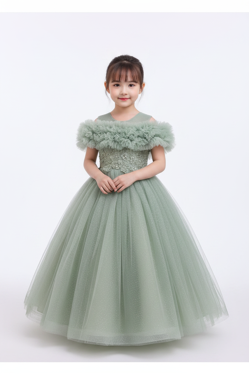 Girls Princess Dress with Ruffle Shoulder