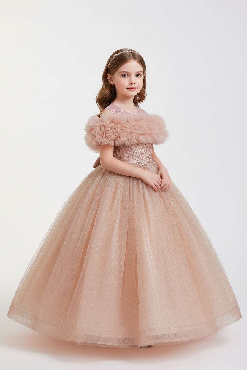 Girls Princess Dress with Ruffle Shoulder